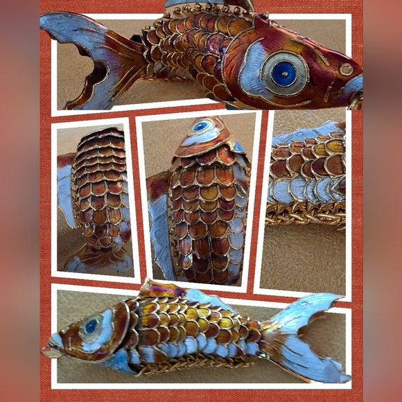 Jewelry - 📣Vintage Enamel 🧡 Articulated Koi Fish Goldtone Chinese Charm Pendant  🎁 3.5"